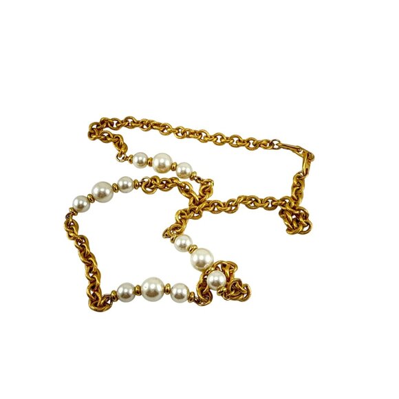 Vintage Napier Gold Tone Rope Chain Necklace with Faux Pearls 1980s Signed - Picture 3 of 8